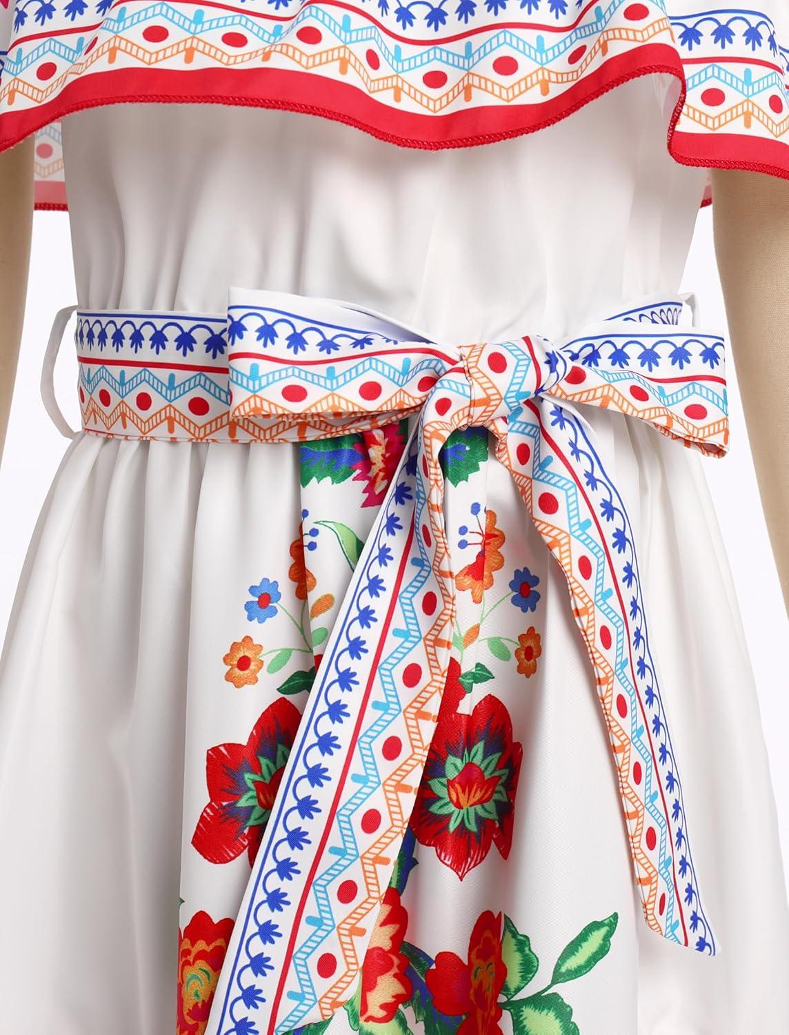 imageIDOPIP Mexican Dress for Girls Embroidered Traditional Floral Ruffle Off Shoulder Belted Dresses for Cinco de Mayo FiestaRed