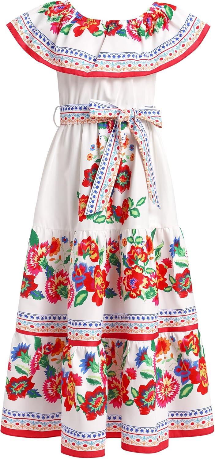 imageIDOPIP Mexican Dress for Girls Embroidered Traditional Floral Ruffle Off Shoulder Belted Dresses for Cinco de Mayo FiestaRed
