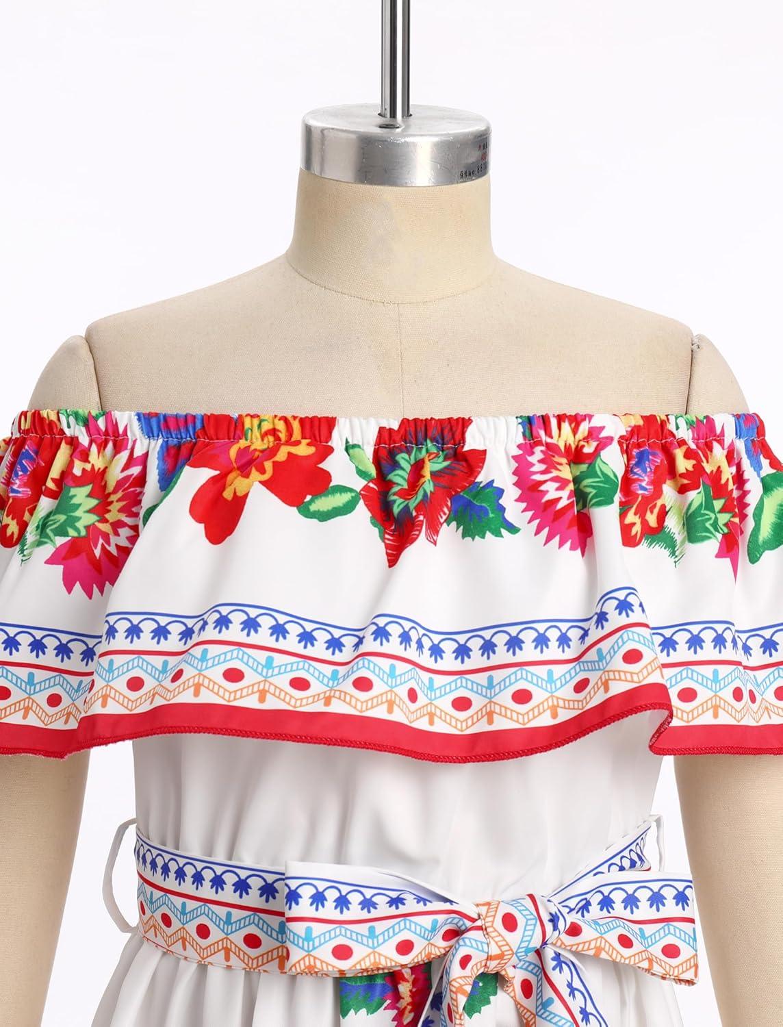 imageIDOPIP Mexican Dress for Girls Embroidered Traditional Floral Ruffle Off Shoulder Belted Dresses for Cinco de Mayo FiestaRed