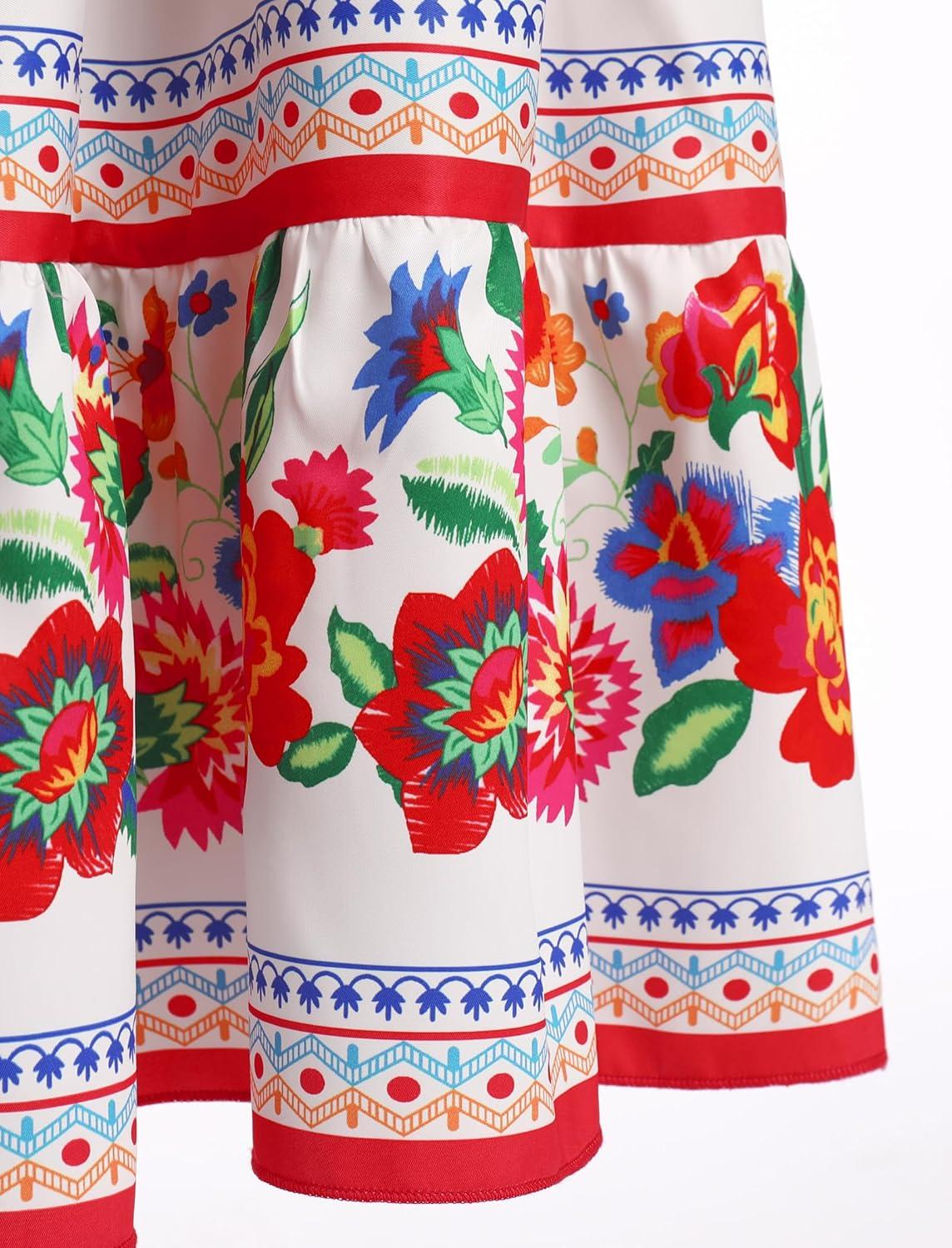 imageIDOPIP Mexican Dress for Girls Embroidered Traditional Floral Ruffle Off Shoulder Belted Dresses for Cinco de Mayo FiestaRed