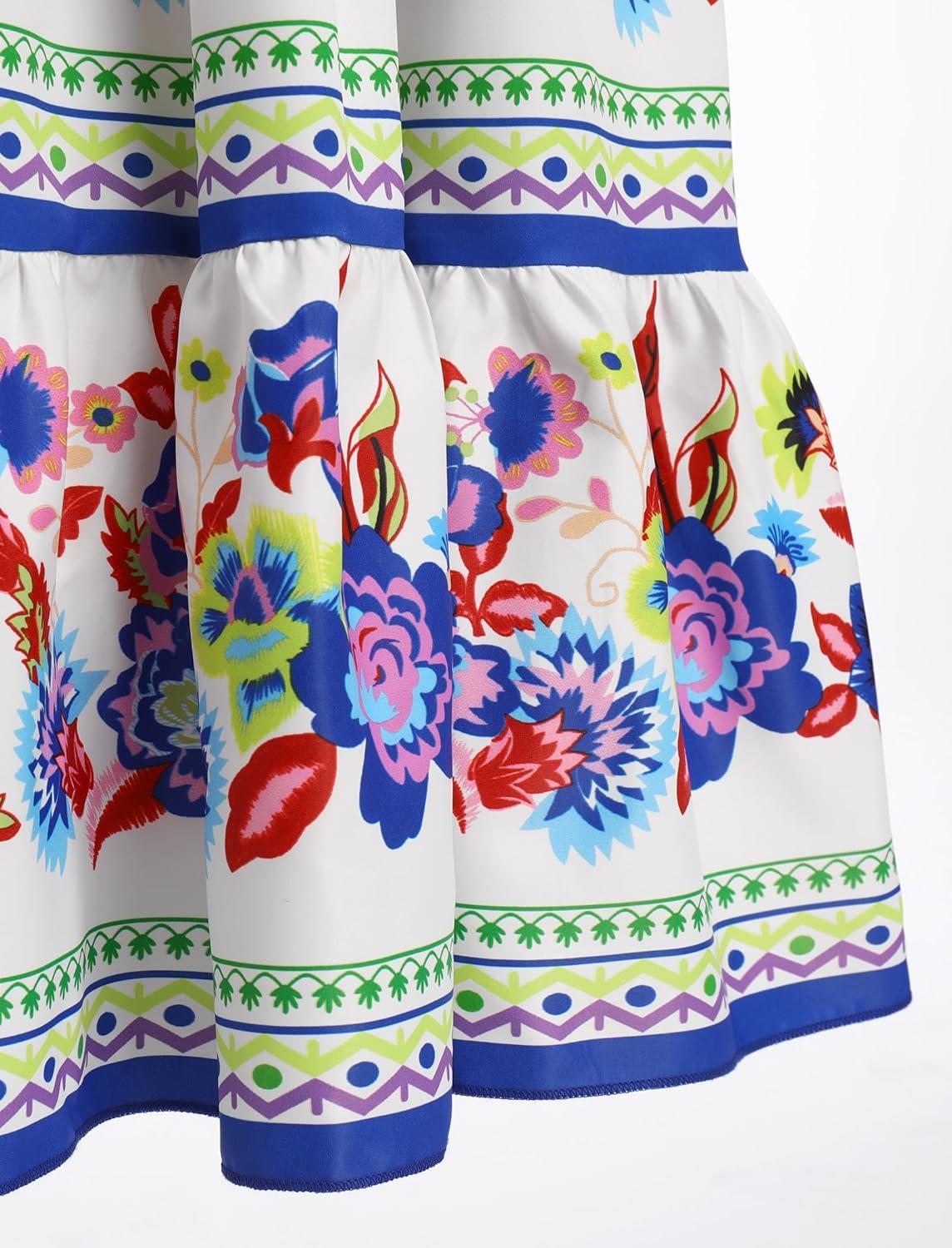 imageIDOPIP Mexican Dress for Girls Embroidered Traditional Floral Ruffle Off Shoulder Belted Dresses for Cinco de Mayo FiestaWhite  Blue