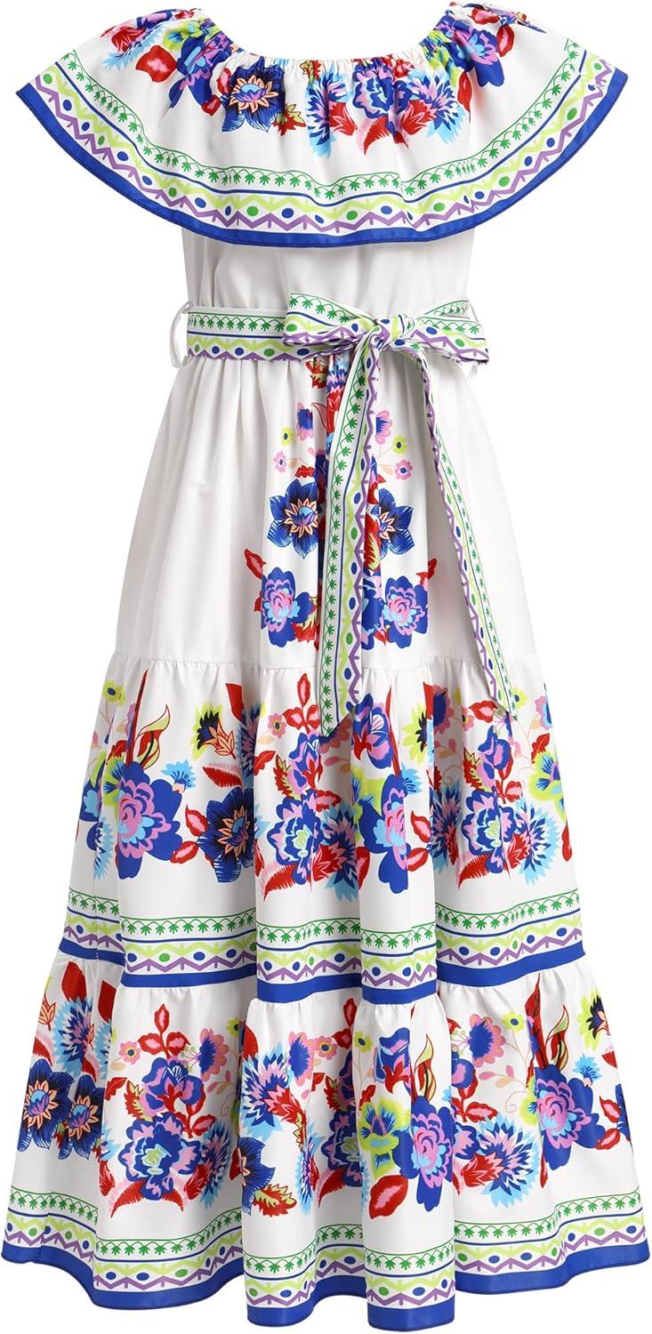 imageIDOPIP Mexican Dress for Girls Embroidered Traditional Floral Ruffle Off Shoulder Belted Dresses for Cinco de Mayo FiestaWhite  Blue