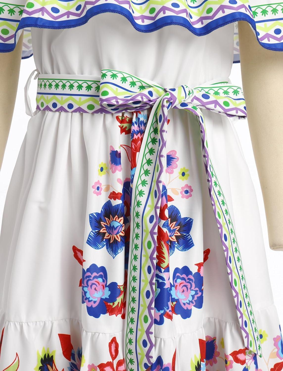 imageIDOPIP Mexican Dress for Girls Embroidered Traditional Floral Ruffle Off Shoulder Belted Dresses for Cinco de Mayo FiestaWhite  Blue