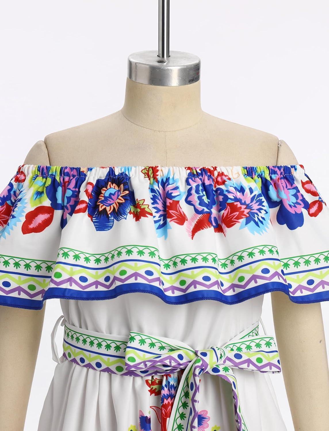 imageIDOPIP Mexican Dress for Girls Embroidered Traditional Floral Ruffle Off Shoulder Belted Dresses for Cinco de Mayo FiestaWhite  Blue