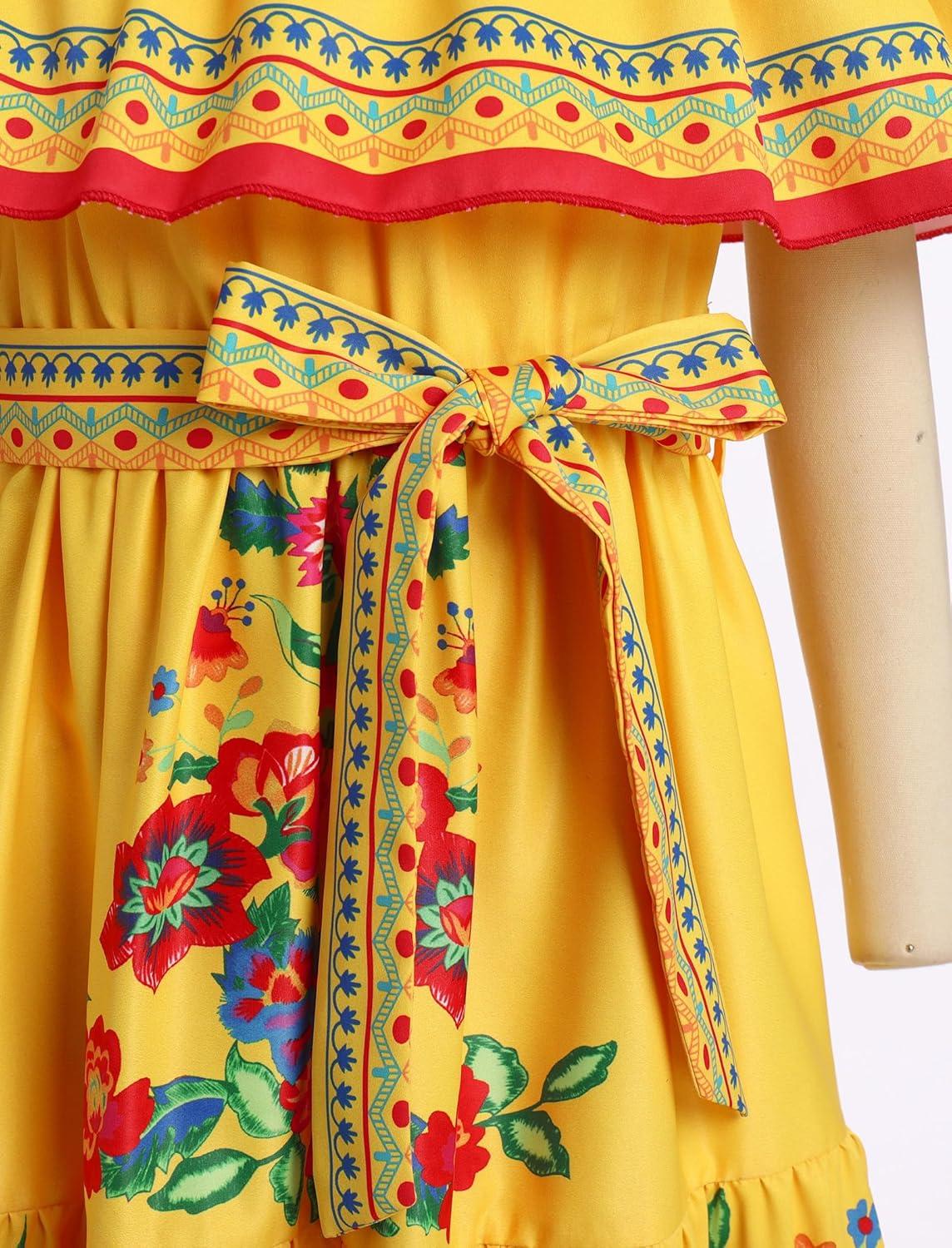 imageIDOPIP Mexican Dress for Girls Embroidered Traditional Floral Ruffle Off Shoulder Belted Dresses for Cinco de Mayo FiestaYellow