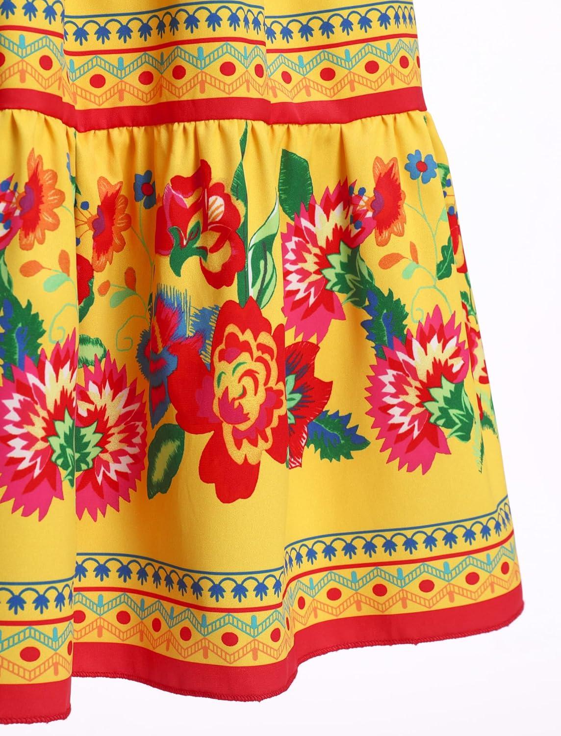imageIDOPIP Mexican Dress for Girls Embroidered Traditional Floral Ruffle Off Shoulder Belted Dresses for Cinco de Mayo FiestaYellow