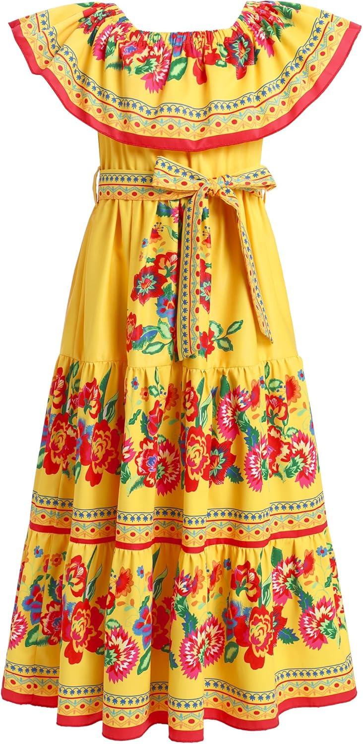 imageIDOPIP Mexican Dress for Girls Embroidered Traditional Floral Ruffle Off Shoulder Belted Dresses for Cinco de Mayo FiestaYellow
