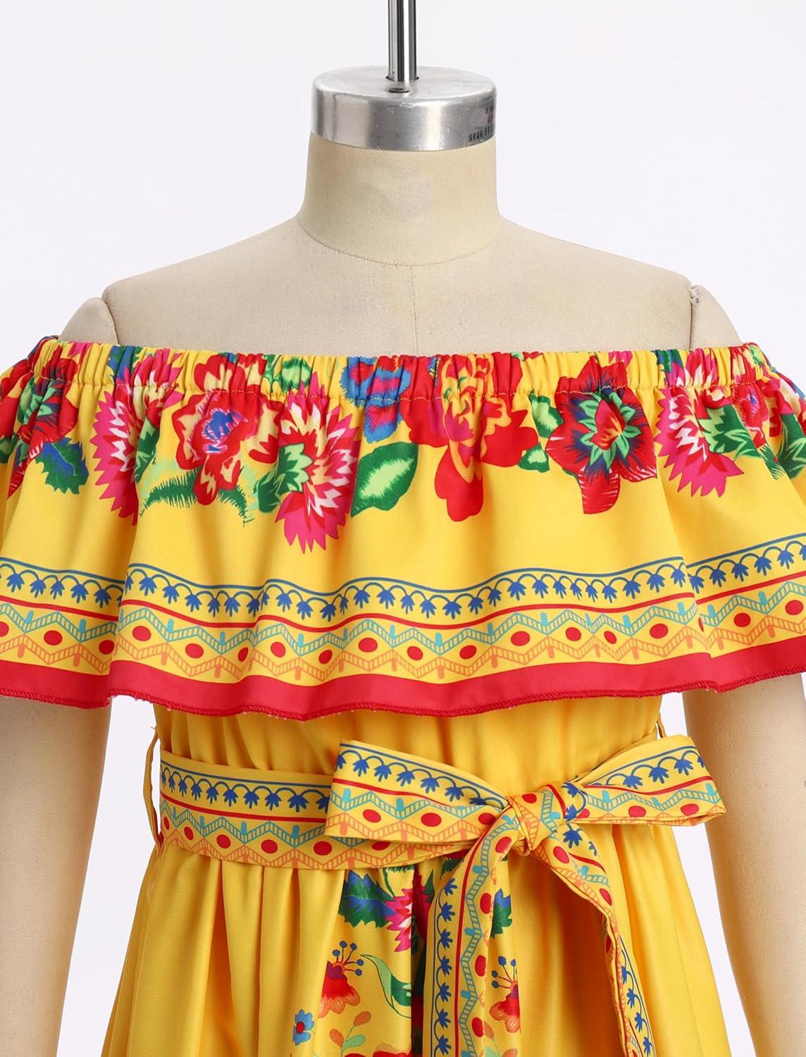 imageIDOPIP Mexican Dress for Girls Embroidered Traditional Floral Ruffle Off Shoulder Belted Dresses for Cinco de Mayo FiestaYellow