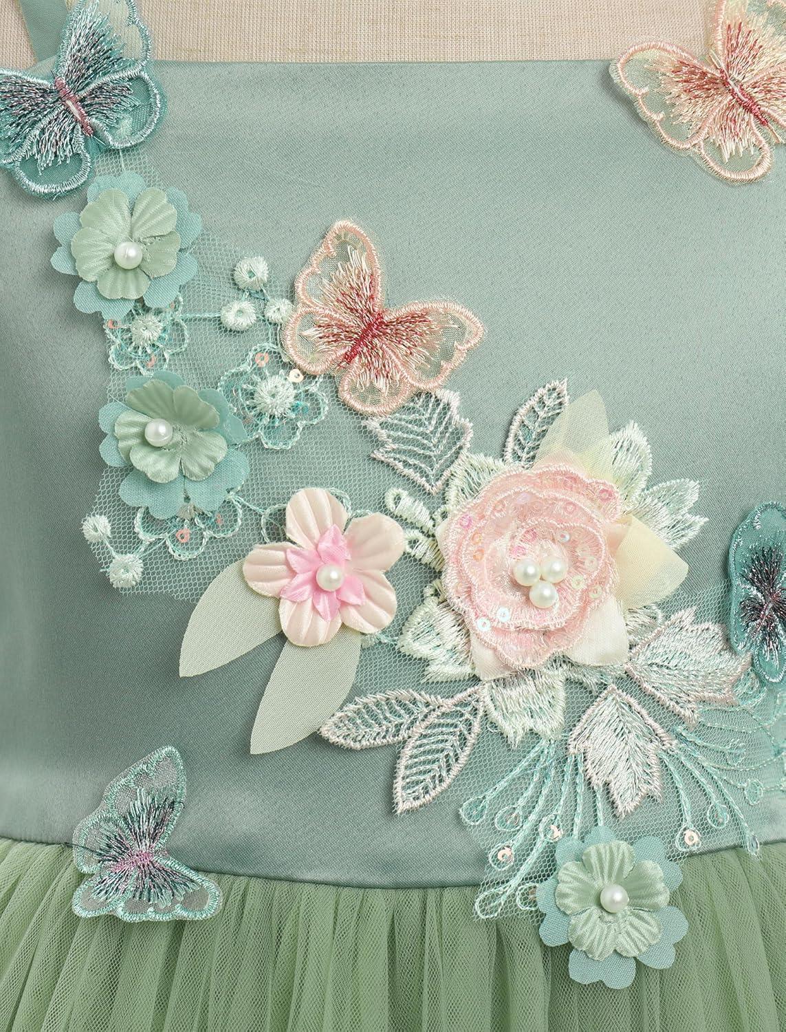 imageIDOPIP Pageant Dress for Toddler Girls Embroidery Flower Girl Butterfly Birthday Dress Baby Wedding Tea Party Tulle Tutu GownGreen