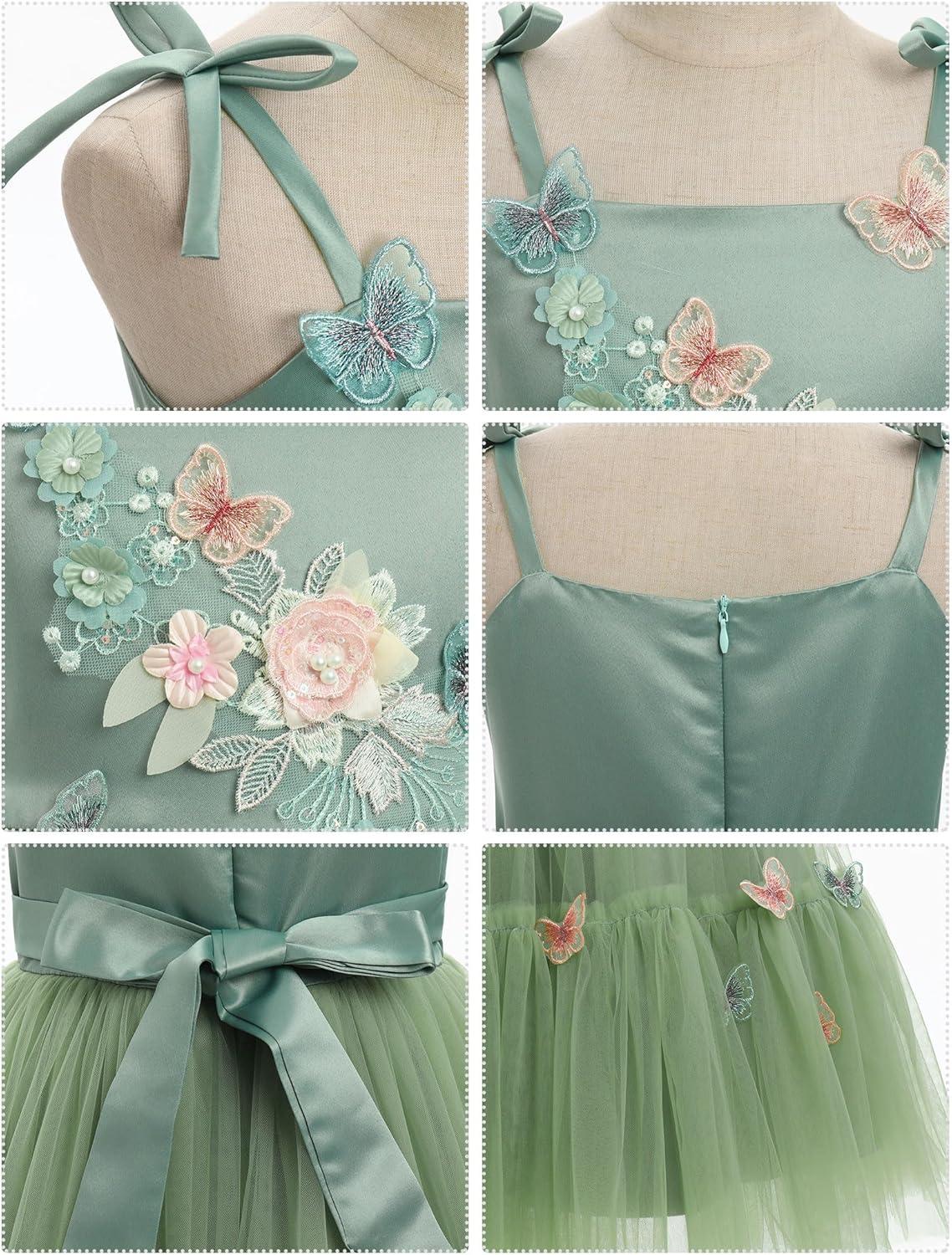 imageIDOPIP Pageant Dress for Toddler Girls Embroidery Flower Girl Butterfly Birthday Dress Baby Wedding Tea Party Tulle Tutu GownGreen