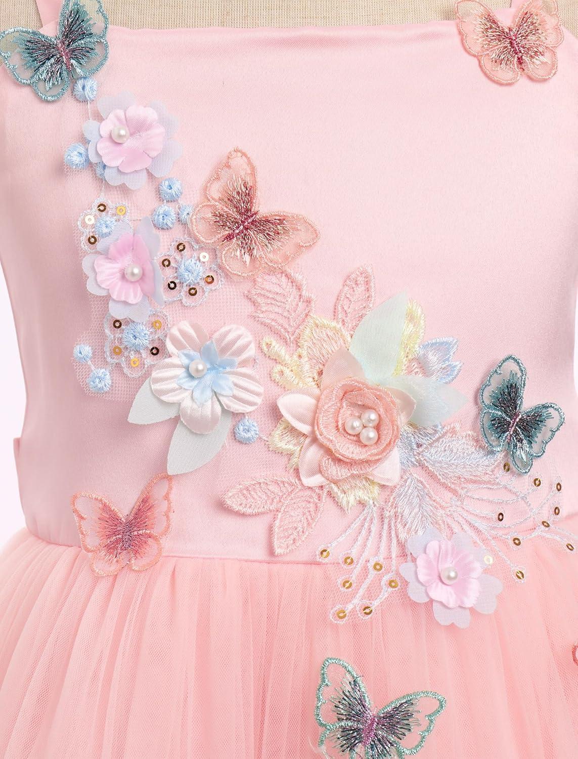 imageIDOPIP Pageant Dress for Toddler Girls Embroidery Flower Girl Butterfly Birthday Dress Baby Wedding Tea Party Tulle Tutu GownPink