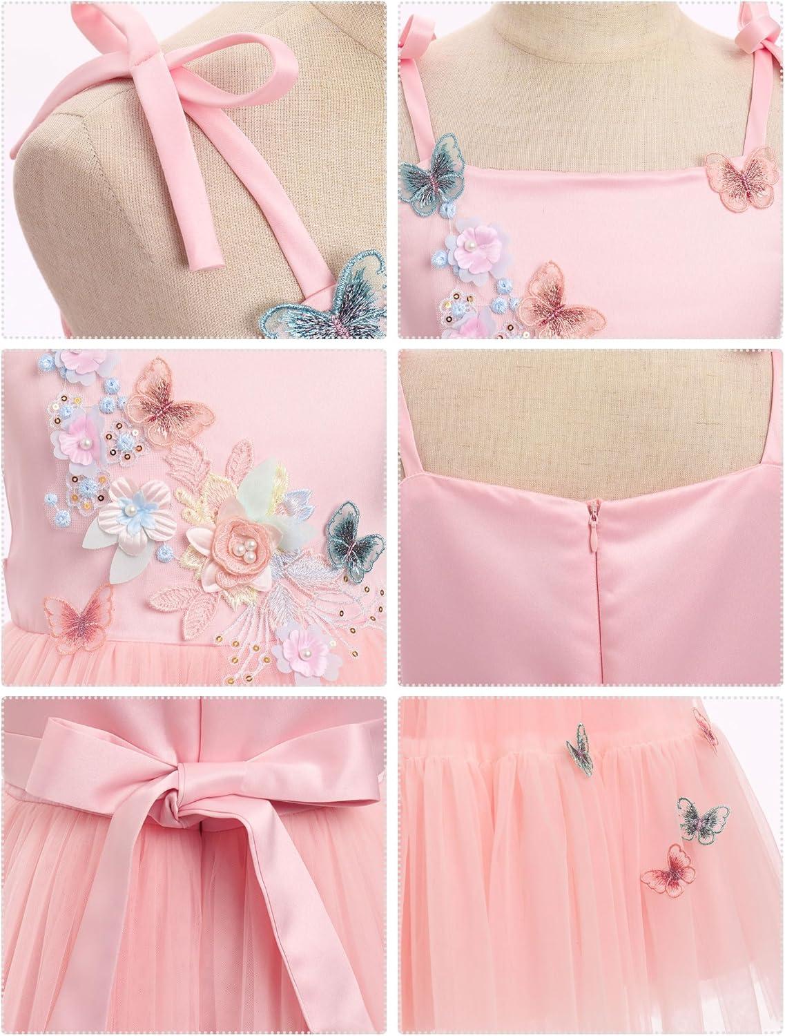 imageIDOPIP Pageant Dress for Toddler Girls Embroidery Flower Girl Butterfly Birthday Dress Baby Wedding Tea Party Tulle Tutu GownPink