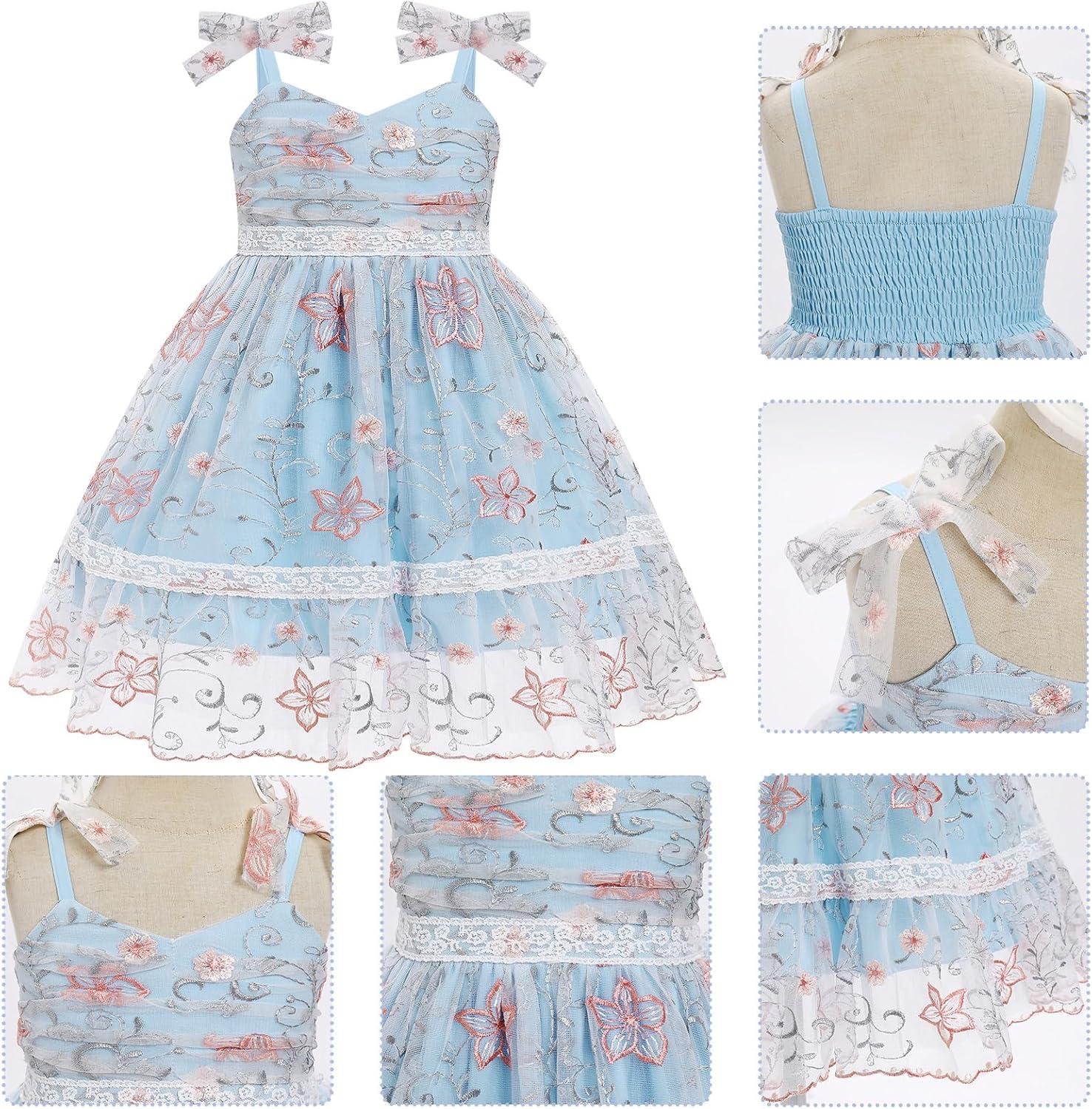 imageIDOPIP Toddler Baby Girls Embroidery Floral Tutu Dress Summer Sleeveless Bow Smocked Backless Princess Birthday Party DressesBlue