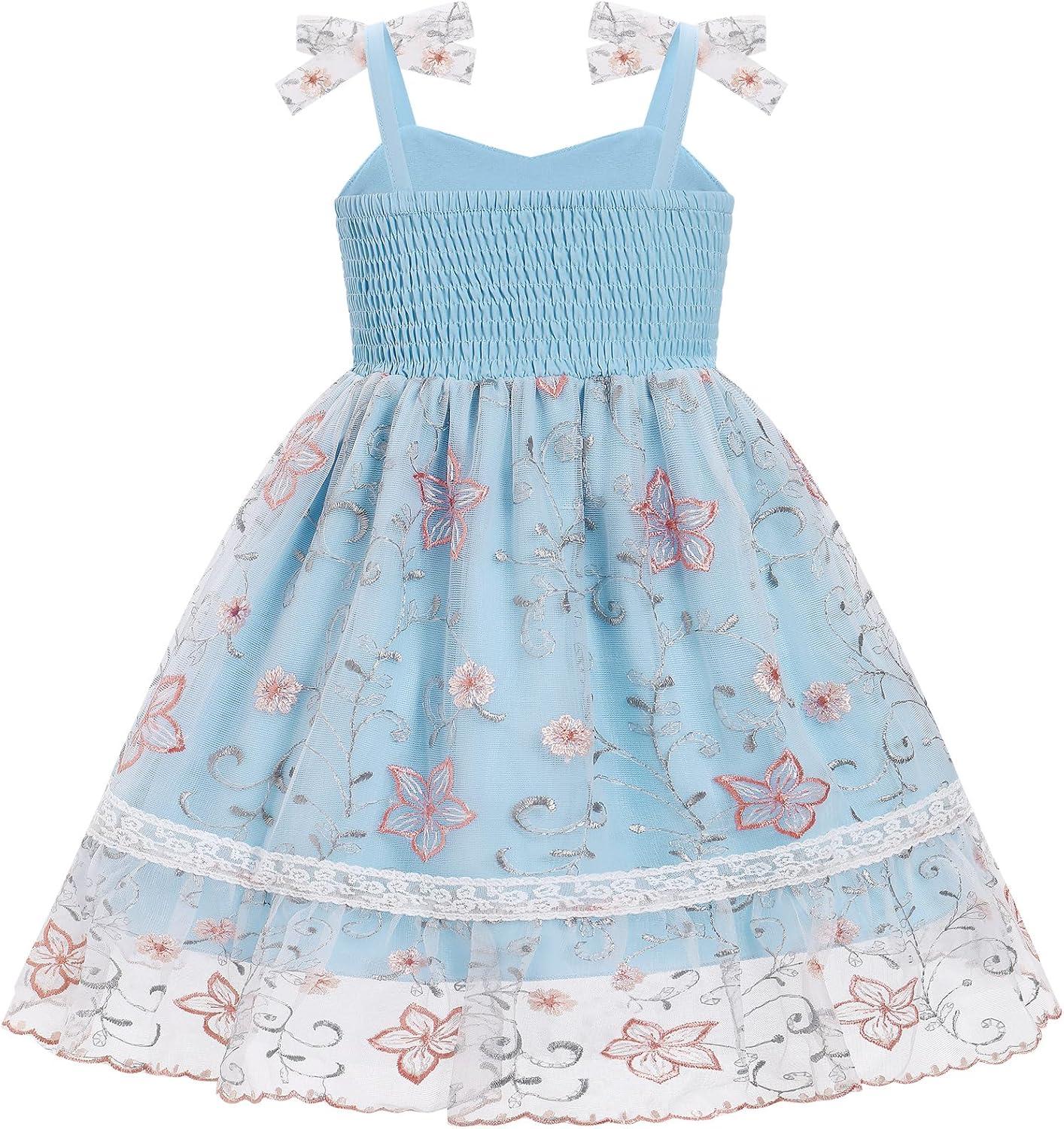 imageIDOPIP Toddler Baby Girls Embroidery Floral Tutu Dress Summer Sleeveless Bow Smocked Backless Princess Birthday Party DressesBlue