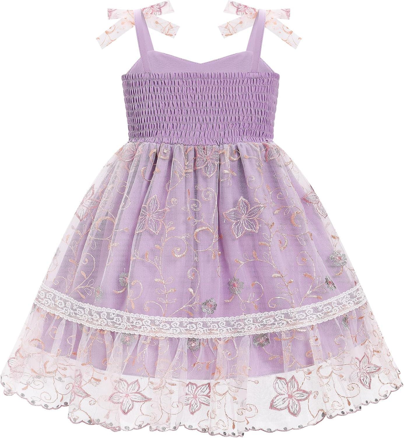 imageIDOPIP Toddler Baby Girls Embroidery Floral Tutu Dress Summer Sleeveless Bow Smocked Backless Princess Birthday Party DressesPurple