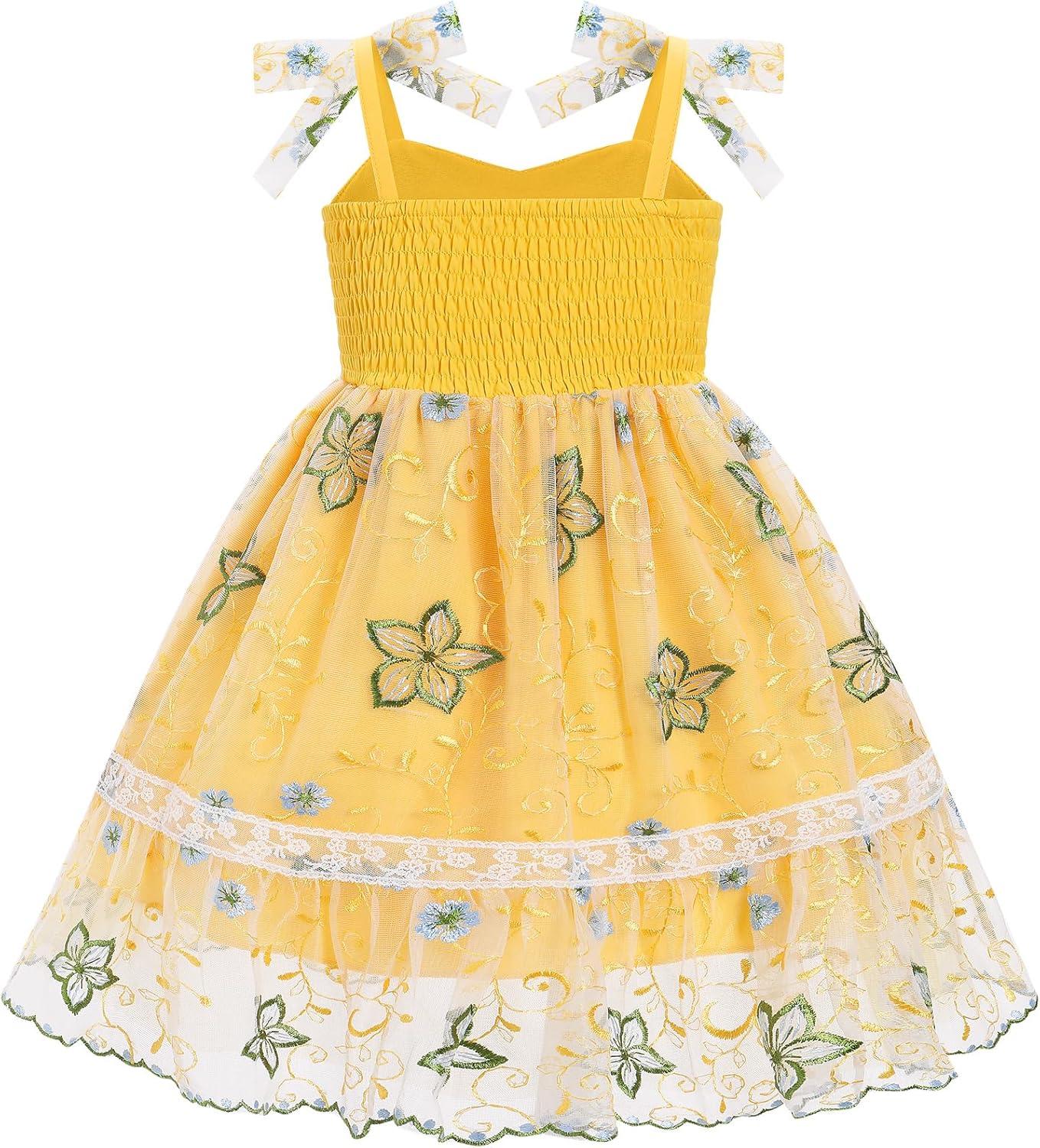 imageIDOPIP Toddler Baby Girls Embroidery Floral Tutu Dress Summer Sleeveless Bow Smocked Backless Princess Birthday Party DressesYellow