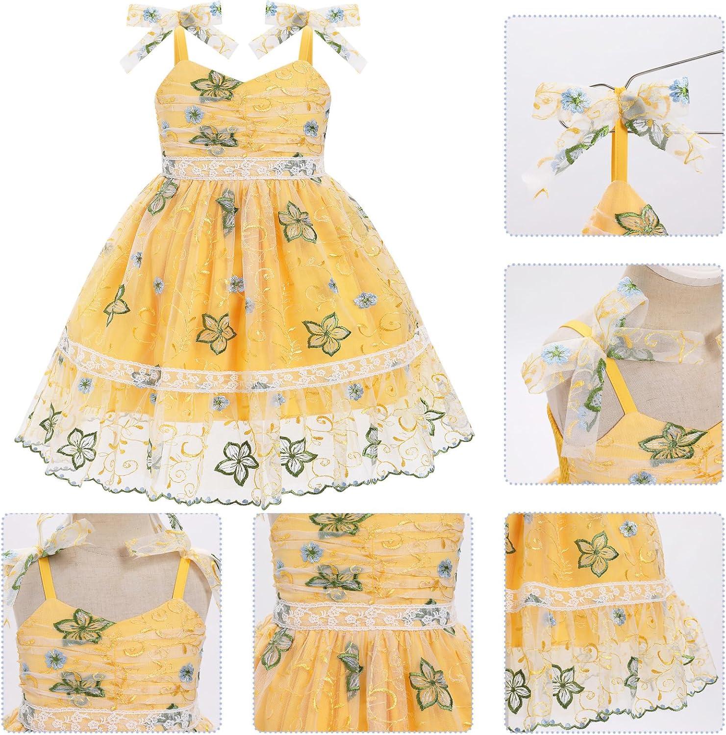 imageIDOPIP Toddler Baby Girls Embroidery Floral Tutu Dress Summer Sleeveless Bow Smocked Backless Princess Birthday Party DressesYellow