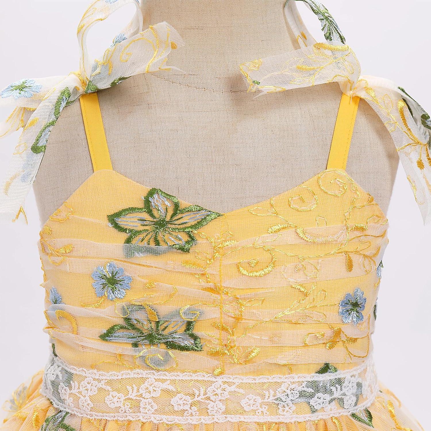 imageIDOPIP Toddler Baby Girls Embroidery Floral Tutu Dress Summer Sleeveless Bow Smocked Backless Princess Birthday Party DressesYellow