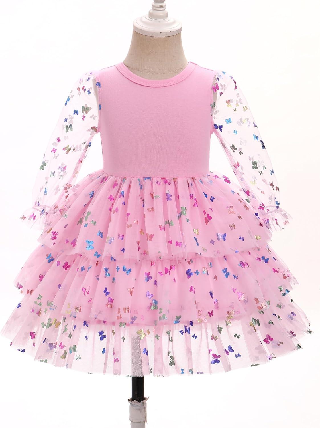 imageIDOPIP Toddler Baby Girls Tutu Dress with Headband Strawberry Butterfly Birthday Outfit Infant Pageant Tiered Tulle DressesPink Butterfly