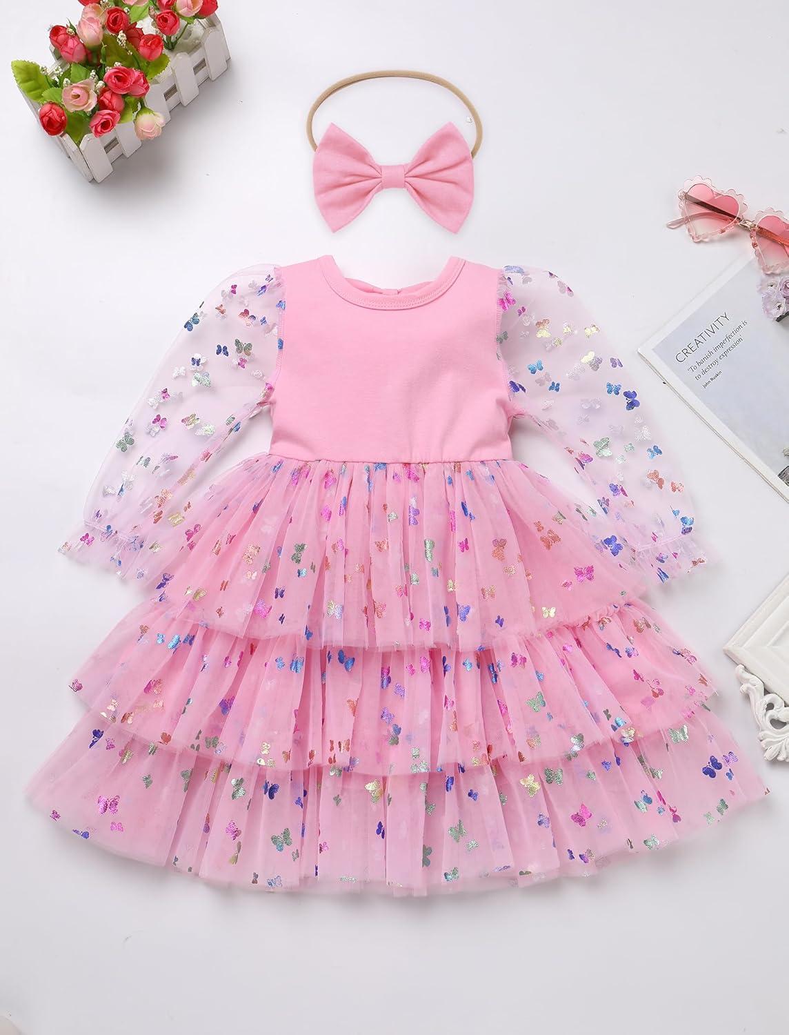 imageIDOPIP Toddler Baby Girls Tutu Dress with Headband Strawberry Butterfly Birthday Outfit Infant Pageant Tiered Tulle DressesPink Butterfly