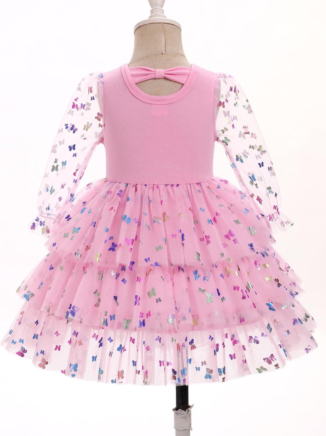 imageIDOPIP Toddler Baby Girls Tutu Dress with Headband Strawberry Butterfly Birthday Outfit Infant Pageant Tiered Tulle DressesPink Butterfly