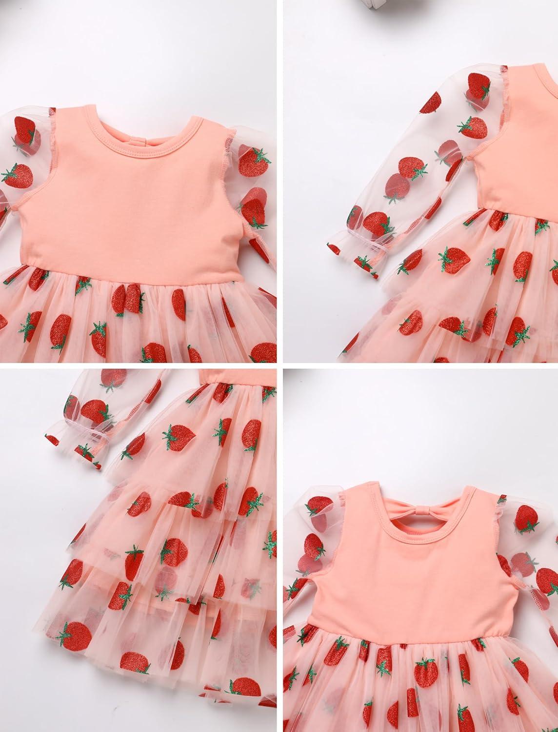 imageIDOPIP Toddler Baby Girls Tutu Dress with Headband Strawberry Butterfly Birthday Outfit Infant Pageant Tiered Tulle DressesPink Strawberry