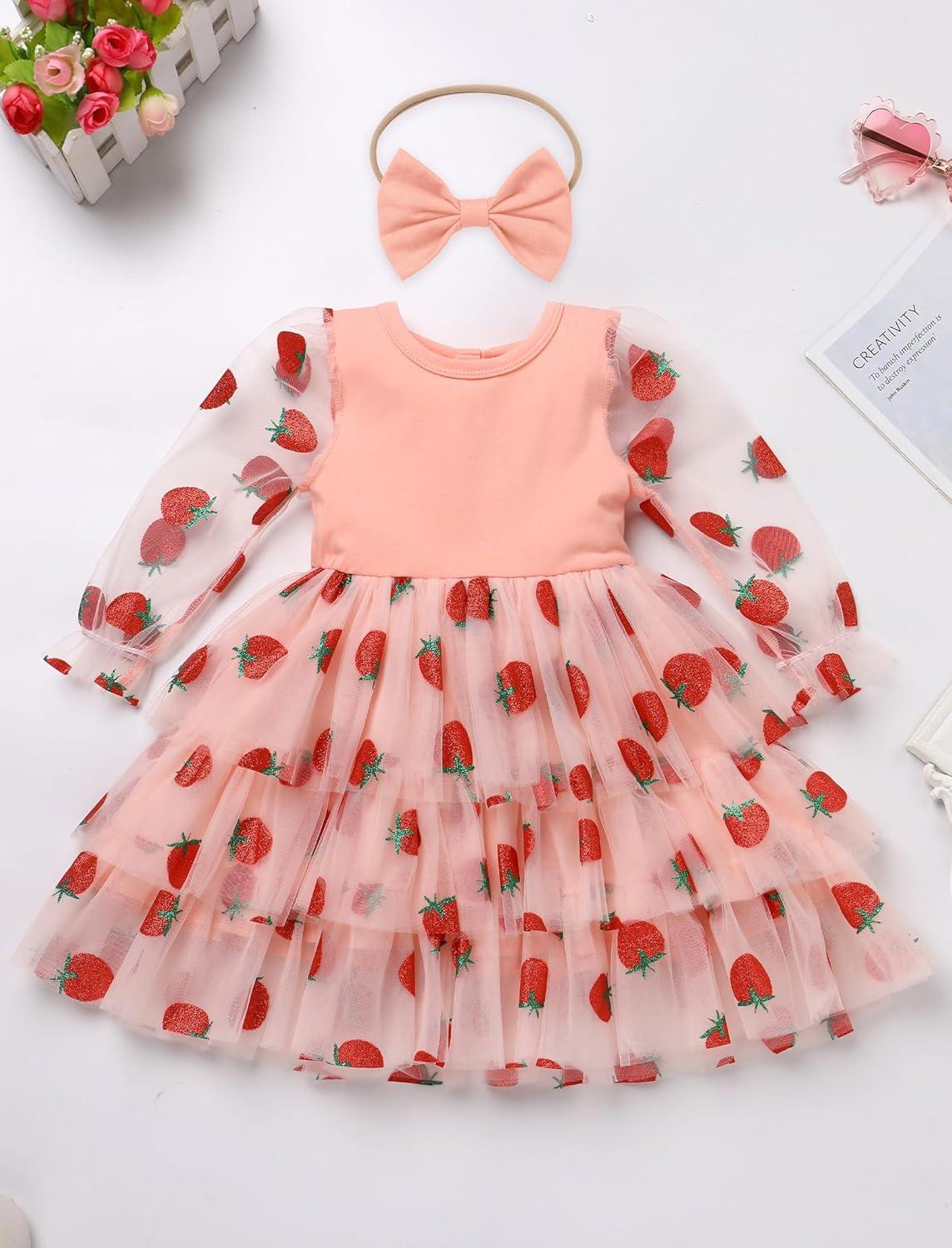 imageIDOPIP Toddler Baby Girls Tutu Dress with Headband Strawberry Butterfly Birthday Outfit Infant Pageant Tiered Tulle DressesPink Strawberry
