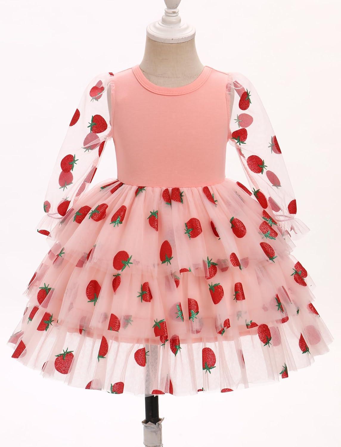 imageIDOPIP Toddler Baby Girls Tutu Dress with Headband Strawberry Butterfly Birthday Outfit Infant Pageant Tiered Tulle DressesPink Strawberry