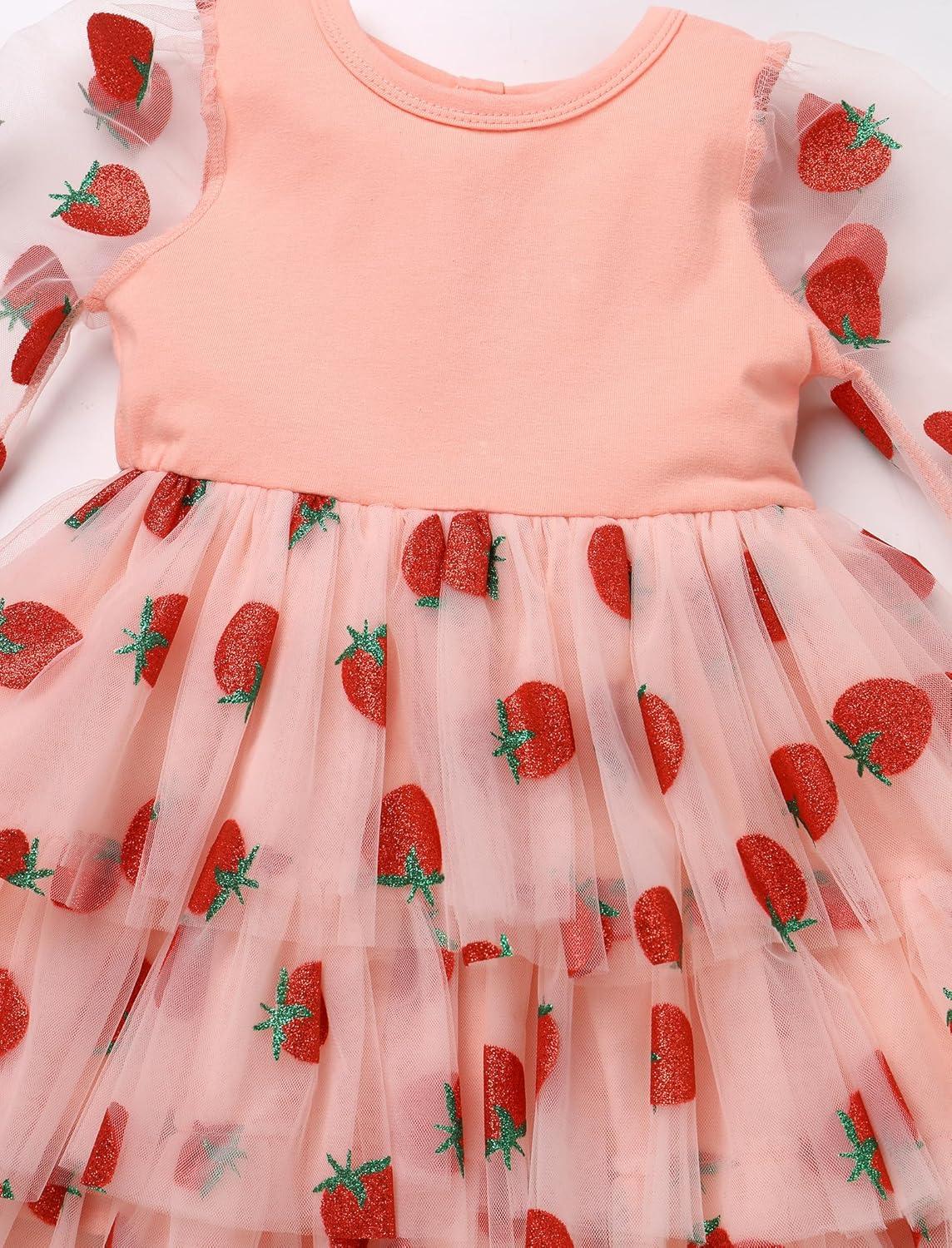 imageIDOPIP Toddler Baby Girls Tutu Dress with Headband Strawberry Butterfly Birthday Outfit Infant Pageant Tiered Tulle DressesPink Strawberry
