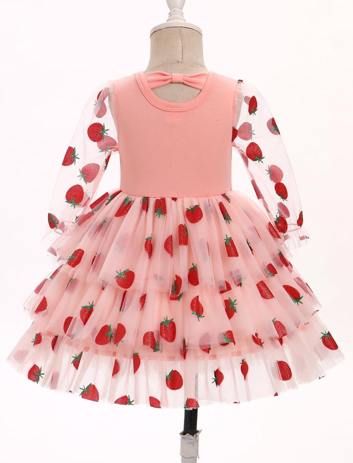 imageIDOPIP Toddler Baby Girls Tutu Dress with Headband Strawberry Butterfly Birthday Outfit Infant Pageant Tiered Tulle DressesPink Strawberry