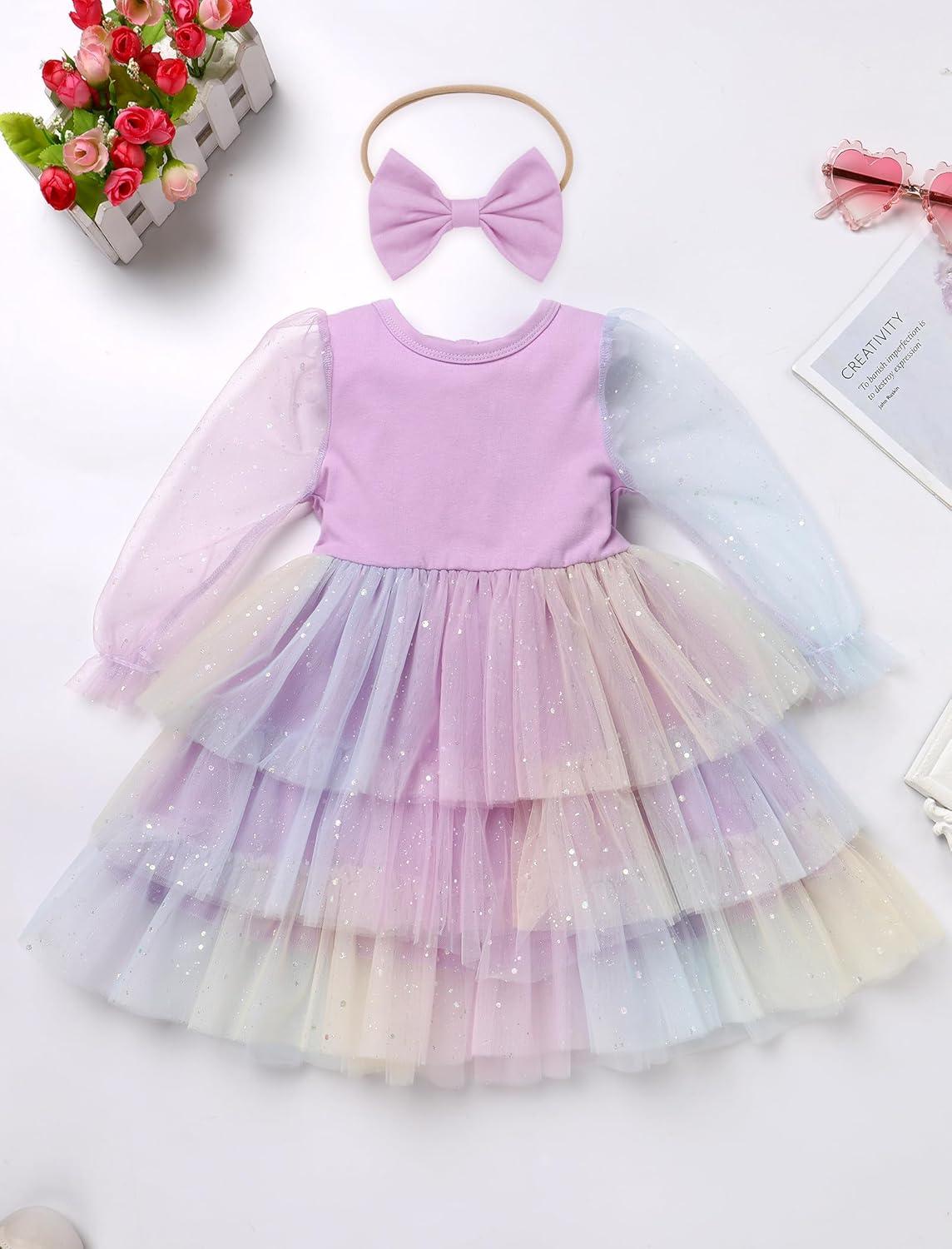 imageIDOPIP Toddler Baby Girls Tutu Dress with Headband Strawberry Butterfly Birthday Outfit Infant Pageant Tiered Tulle DressesPurple Sequin