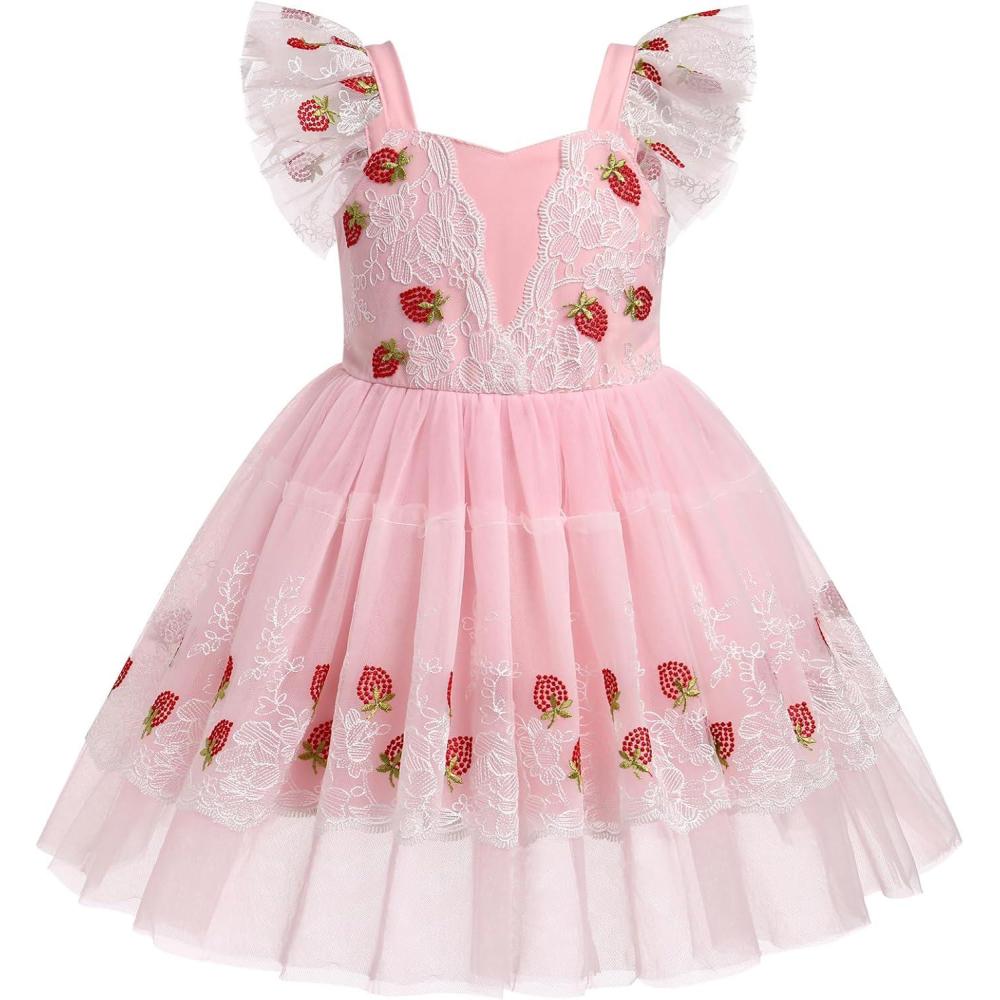 imageIDOPIP Baby Girls Tutu Dress Embroidery Strawberry Birthday Party Dresses Smocked Ruffle Backless Princess Pageant Tulle GownPink