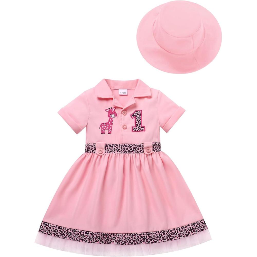 imageIDOPIP Baby Girls Wild Jungle Safari 1st Birthday Outfit Toddler Leopard Giraffe Tutu Dress with Hat Clothes for Photo ShootPink