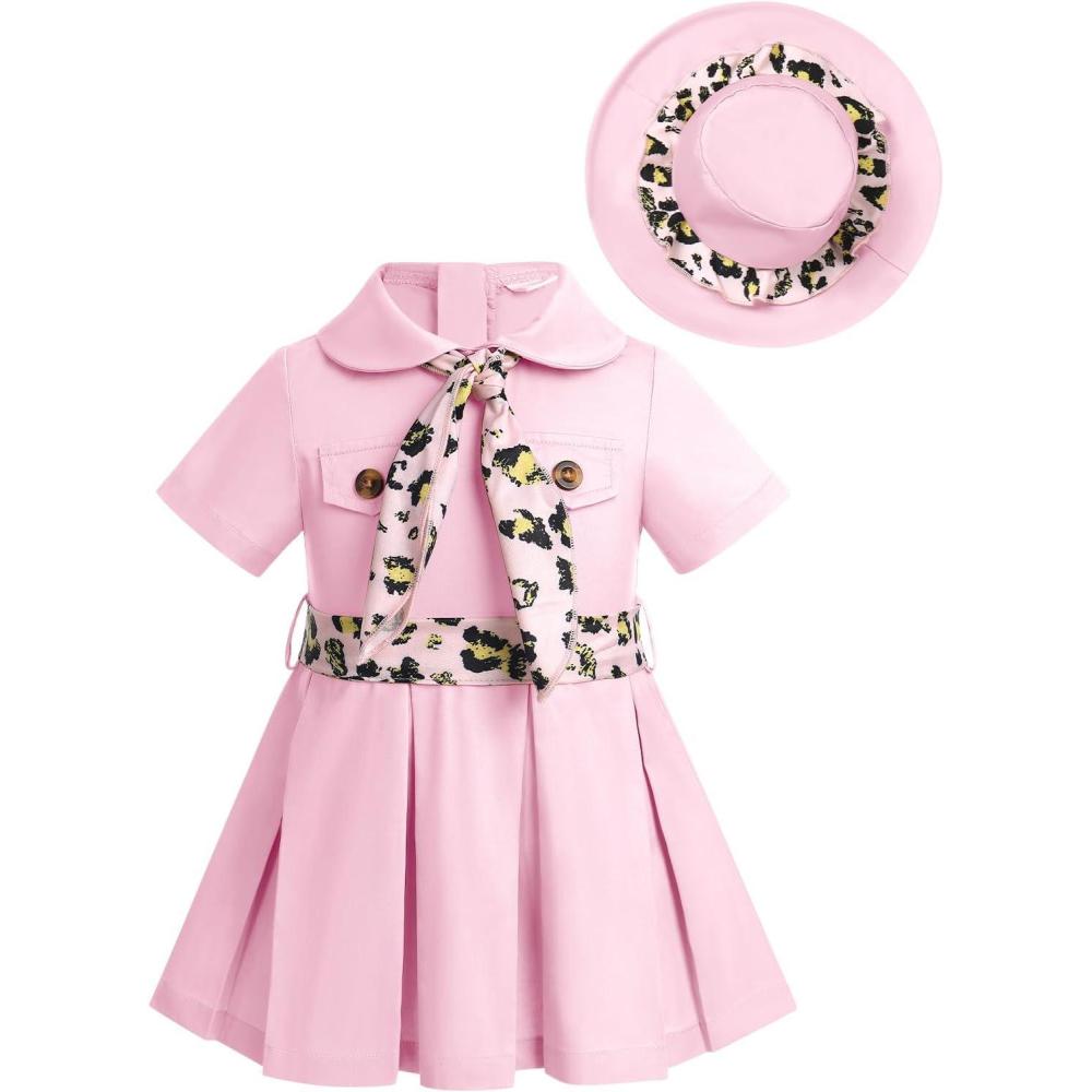 imageIDOPIP Baby Girls Wild Jungle Safari Outfits One Birthday Party Pleated DressHat Toddler Leopard Zookeeper Photo Shoot DressPink