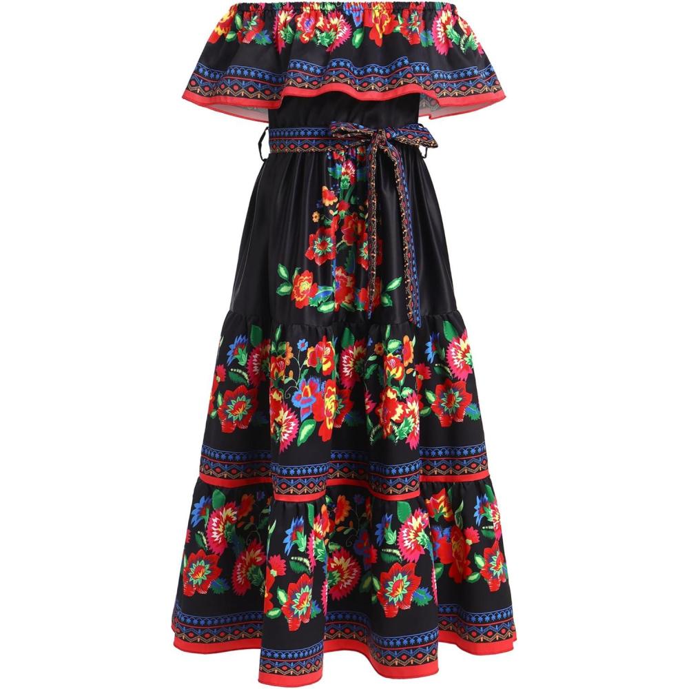 imageIDOPIP Mexican Dress for Girls Embroidered Traditional Floral Ruffle Off Shoulder Belted Dresses for Cinco de Mayo FiestaBlack