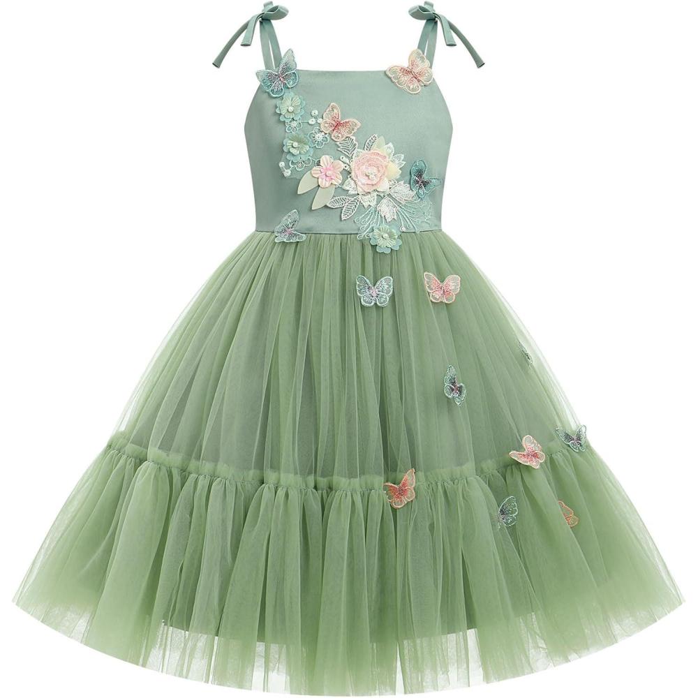 imageIDOPIP Pageant Dress for Toddler Girls Embroidery Flower Girl Butterfly Birthday Dress Baby Wedding Tea Party Tulle Tutu GownGreen