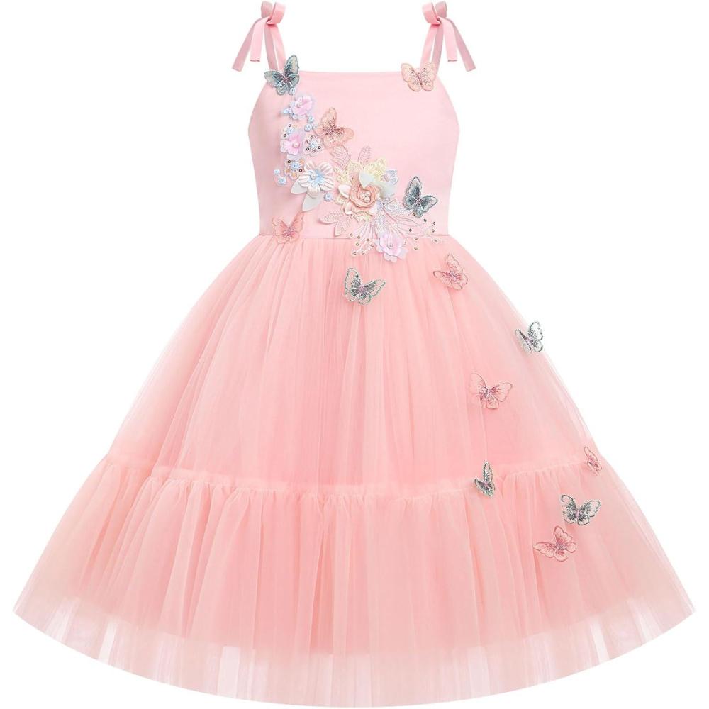 imageIDOPIP Pageant Dress for Toddler Girls Embroidery Flower Girl Butterfly Birthday Dress Baby Wedding Tea Party Tulle Tutu GownPink