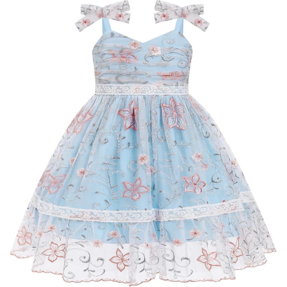 imageIDOPIP Toddler Baby Girls Embroidery Floral Tutu Dress Summer Sleeveless Bow Smocked Backless Princess Birthday Party DressesBlue