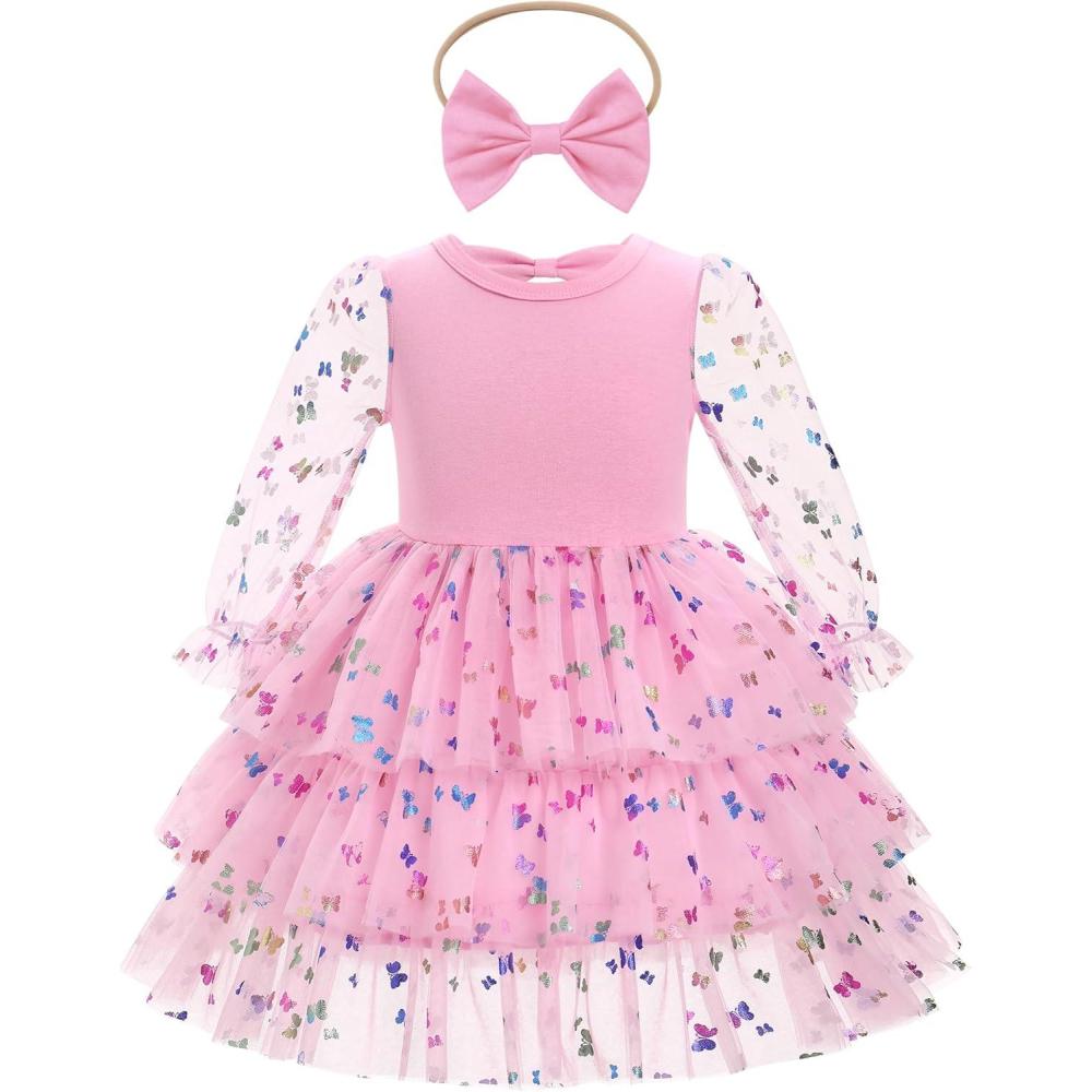 imageIDOPIP Toddler Baby Girls Tutu Dress with Headband Strawberry Butterfly Birthday Outfit Infant Pageant Tiered Tulle DressesPink Butterfly