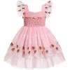 imageIDOPIP Baby Girls Tutu Dress Embroidery Strawberry Birthday Party Dresses Smocked Ruffle Backless Princess Pageant Tulle GownPink