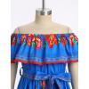 imageIDOPIP Mexican Dress for Girls Embroidered Traditional Floral Ruffle Off Shoulder Belted Dresses for Cinco de Mayo FiestaBlue