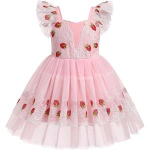 imageIDOPIP Baby Girls Tutu Dress Embroidery Strawberry Birthday Party Dresses Smocked Ruffle Backless Princess Pageant Tulle GownPink
