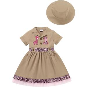 imageIDOPIP Baby Girls Wild Jungle Safari 1st Birthday Outfit Toddler Leopard Giraffe Tutu Dress with Hat Clothes for Photo ShootKhaki