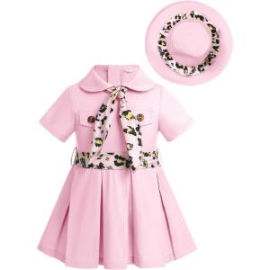 imageIDOPIP Baby Girls Wild Jungle Safari Outfits One Birthday Party Pleated DressHat Toddler Leopard Zookeeper Photo Shoot DressPink