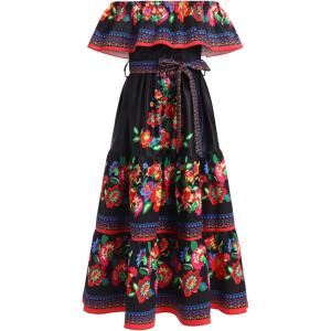 imageIDOPIP Mexican Dress for Girls Embroidered Traditional Floral Ruffle Off Shoulder Belted Dresses for Cinco de Mayo FiestaBlack