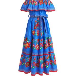 imageIDOPIP Mexican Dress for Girls Embroidered Traditional Floral Ruffle Off Shoulder Belted Dresses for Cinco de Mayo FiestaBlue