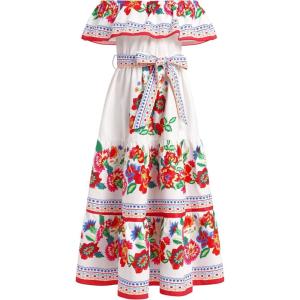 imageIDOPIP Mexican Dress for Girls Embroidered Traditional Floral Ruffle Off Shoulder Belted Dresses for Cinco de Mayo FiestaRed