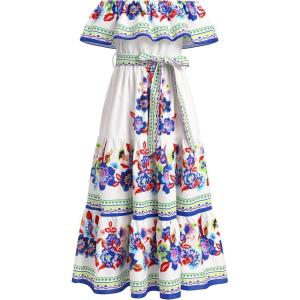 imageIDOPIP Mexican Dress for Girls Embroidered Traditional Floral Ruffle Off Shoulder Belted Dresses for Cinco de Mayo FiestaWhite  Blue