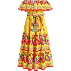 imageIDOPIP Mexican Dress for Girls Embroidered Traditional Floral Ruffle Off Shoulder Belted Dresses for Cinco de Mayo FiestaYellow