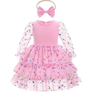 imageIDOPIP Toddler Baby Girls Tutu Dress with Headband Strawberry Butterfly Birthday Outfit Infant Pageant Tiered Tulle DressesPink Butterfly